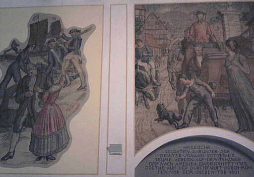 Hann. Münden, Rathauswandgemälde ca. der 1920er Jahre, das die Einschiffung hessischer Soldaten zeigt