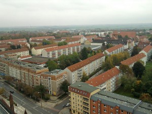 Prenzlau, Plattenbauten in der Stadtmitte (oben vom Dom aus gesehen)